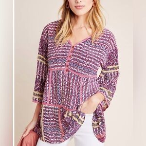 Anthropologie Maeve 100% silk bohemian whimsy Indie Patterned Blouse
